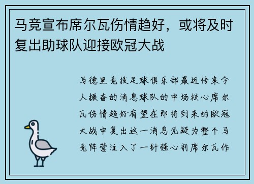 马竞宣布席尔瓦伤情趋好，或将及时复出助球队迎接欧冠大战