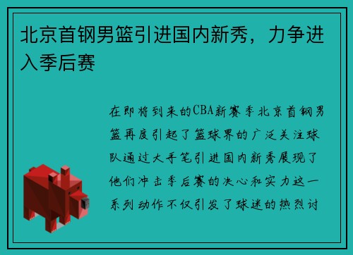北京首钢男篮引进国内新秀，力争进入季后赛